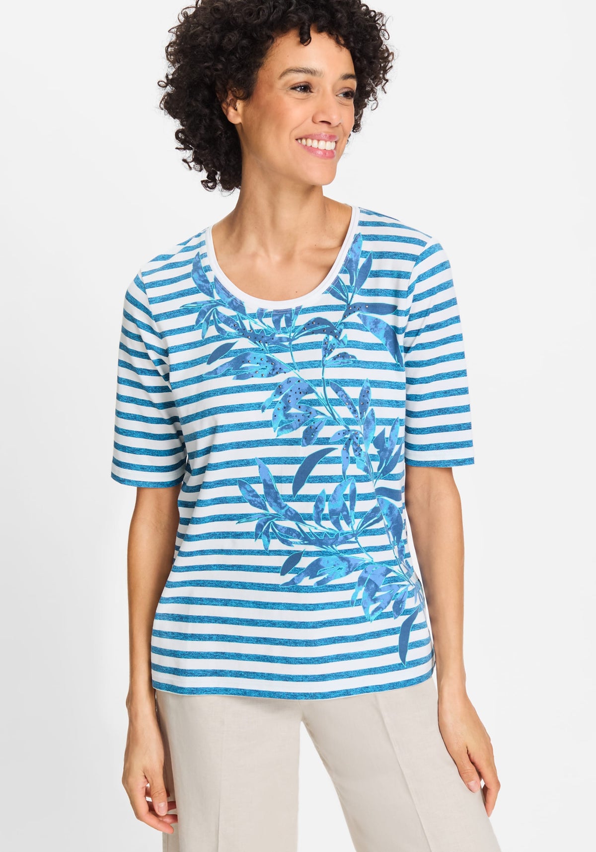 Striped and Foliage Print T-Shirt