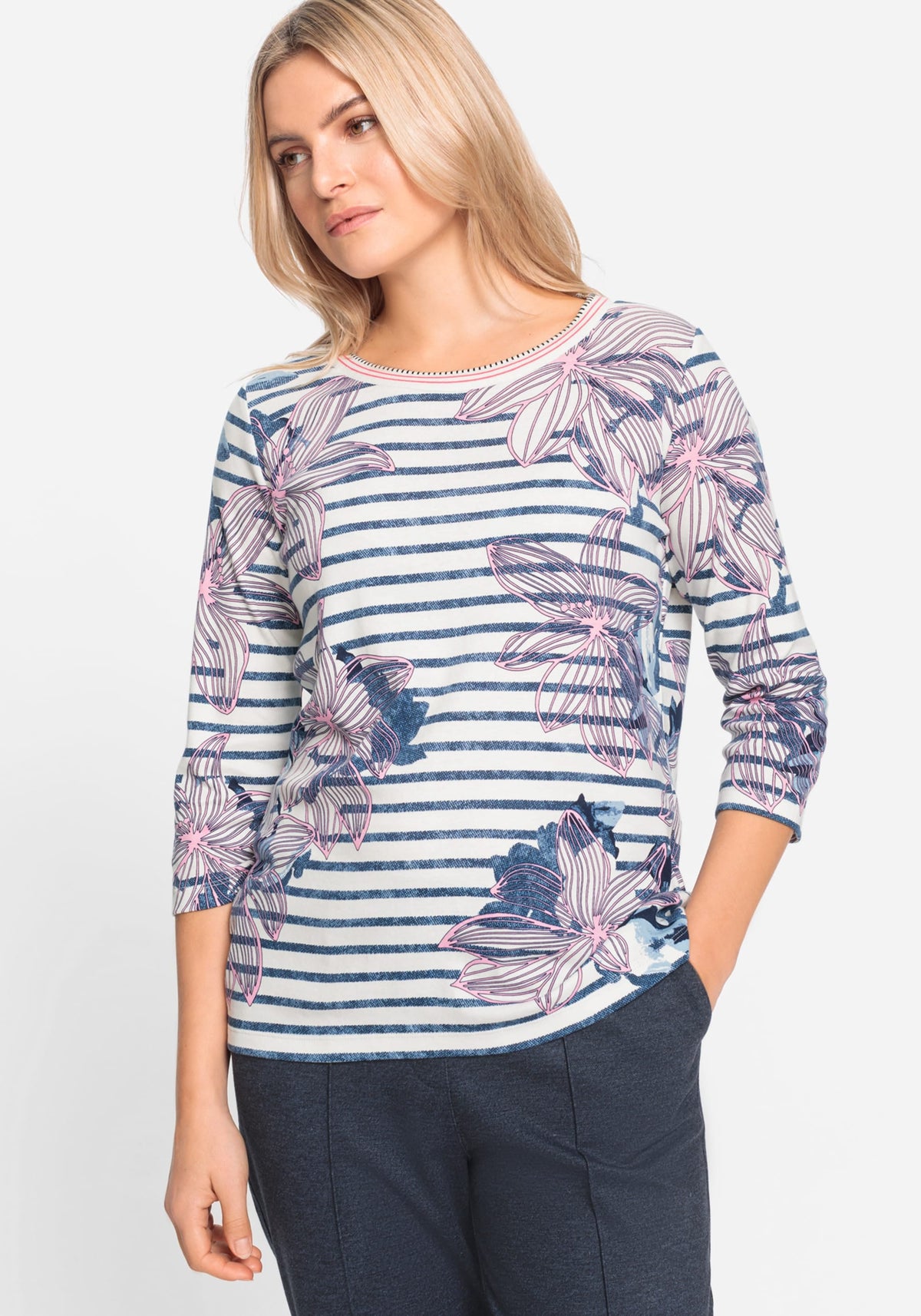 Floral and Stripe Print T-Shirt