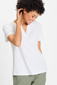Split Neck T-Shirt with Embroidery