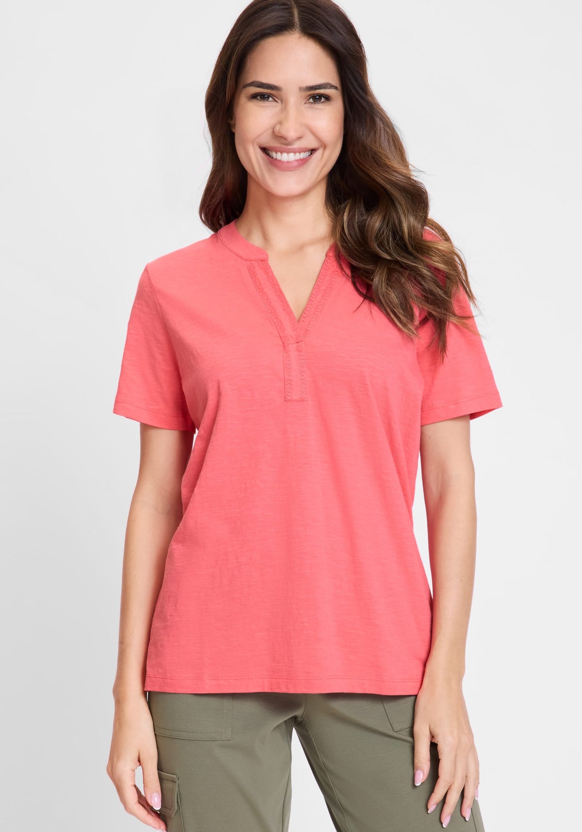 Embroidered Split V-Neck T-Shirt