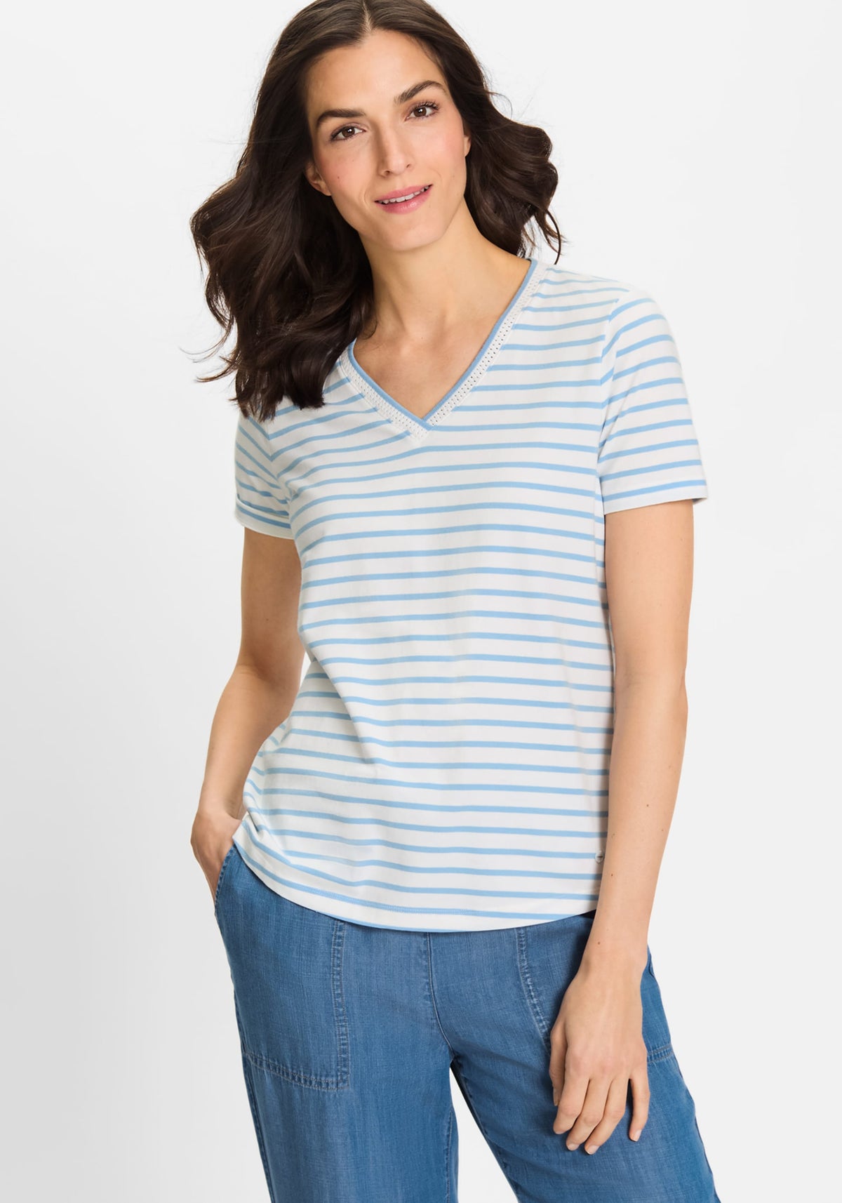 Striped Embroidered Trim V-Neck Tee