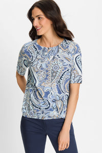 T-shirt à col en V avec fente Paisley