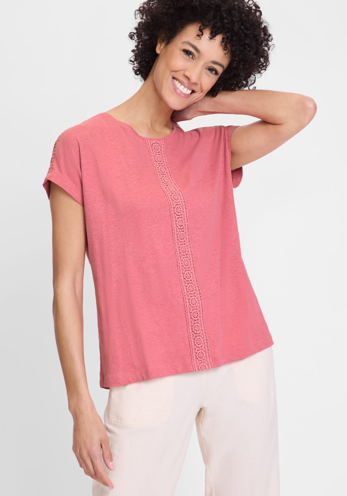 Embroidered Trim Cotton Linen Tee
