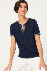 Split Neck T-Shirt with Stripe Trim