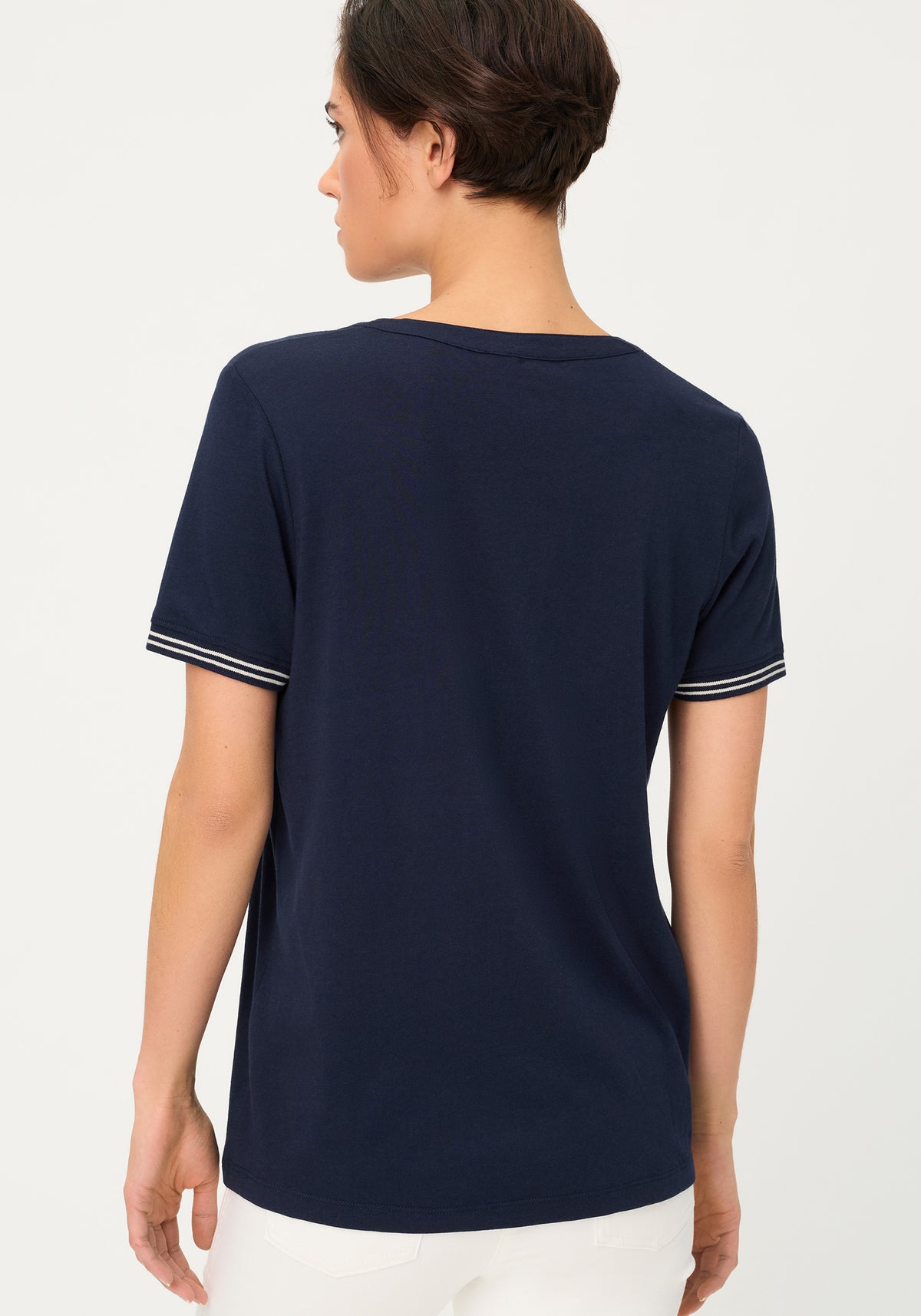 Split Neck T-Shirt with Stripe Trim