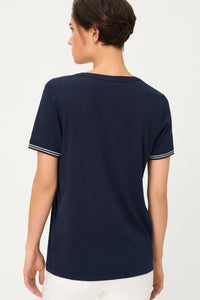 Split Neck T-Shirt with Stripe Trim