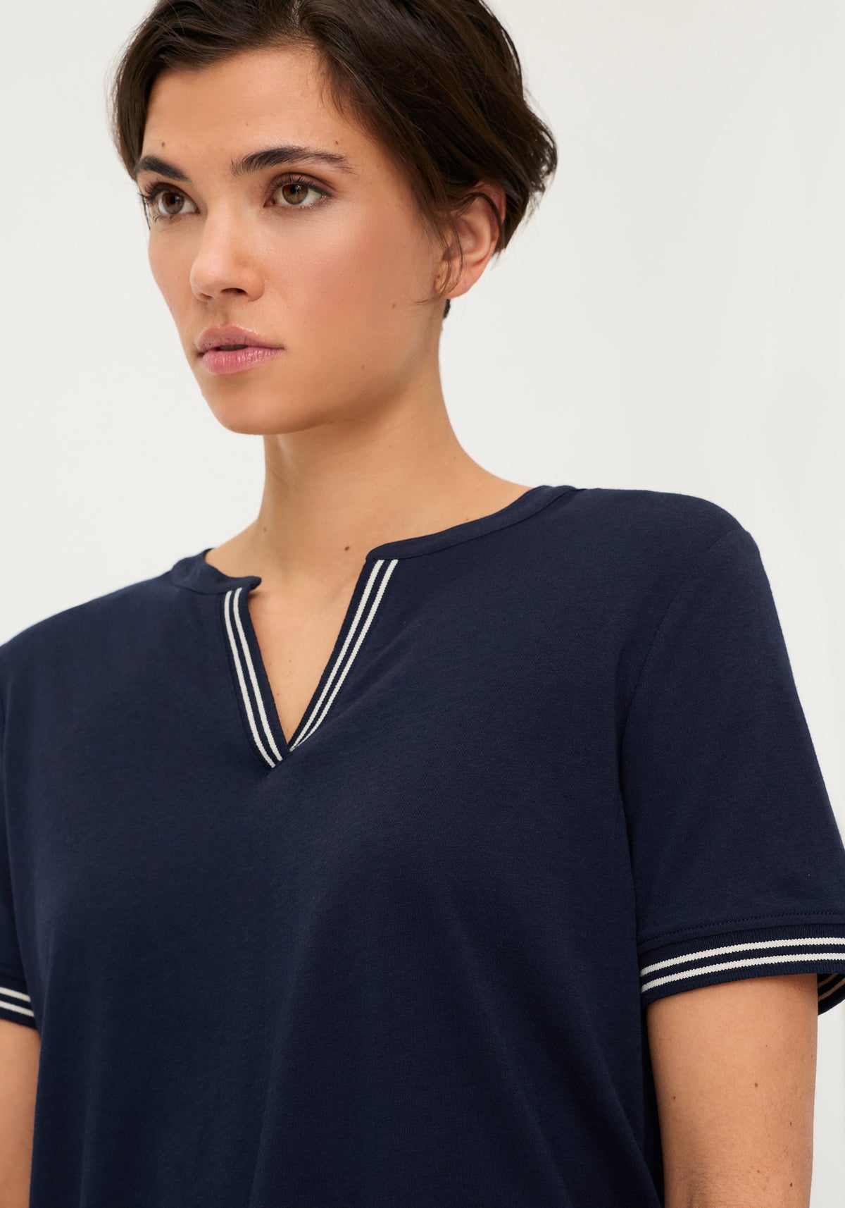 Split Neck T-Shirt with Stripe Trim