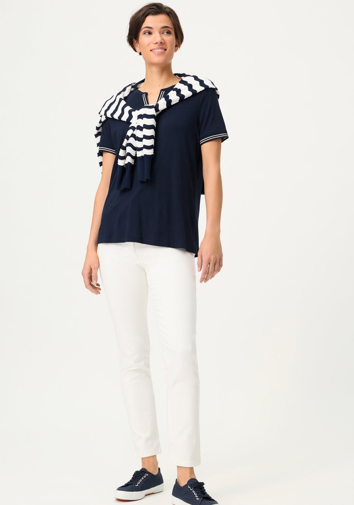 Split Neck T-Shirt with Stripe Trim