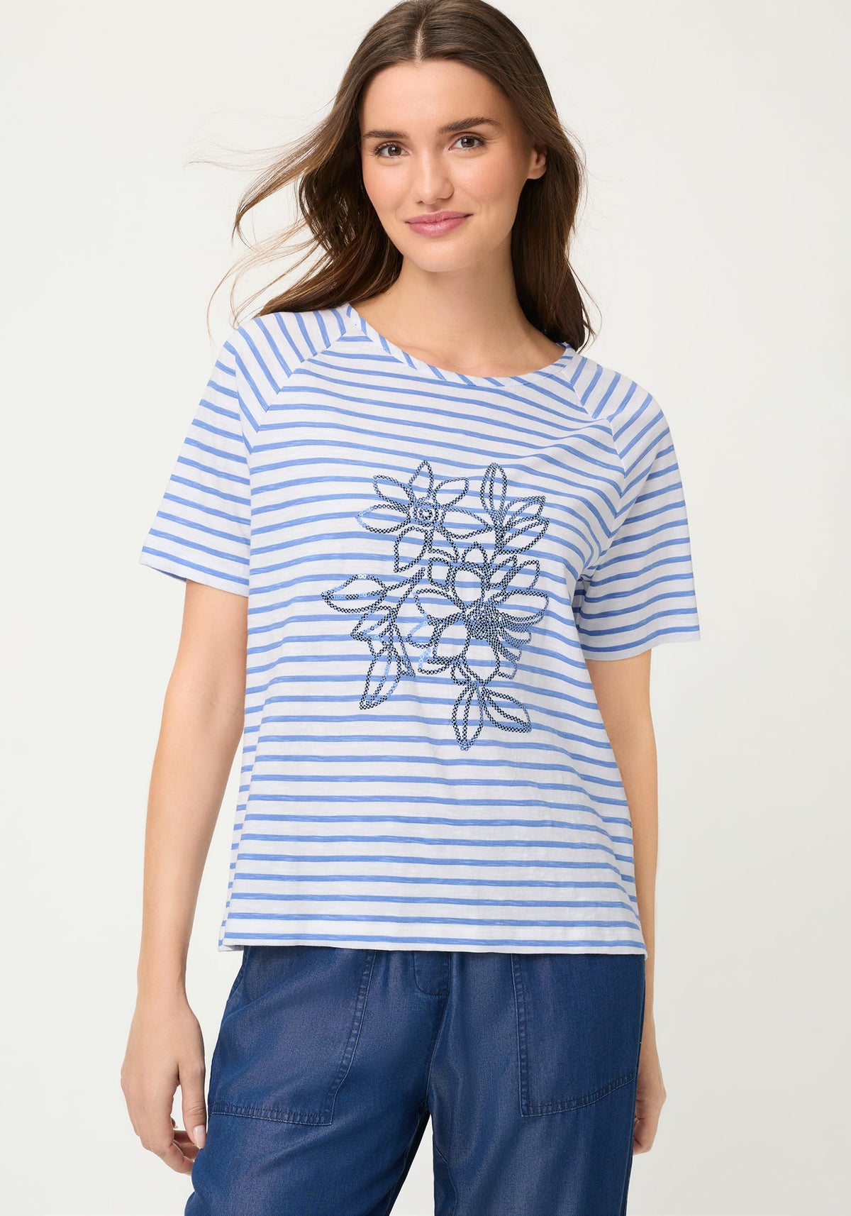 T-shirt à rayures florales et paillettes