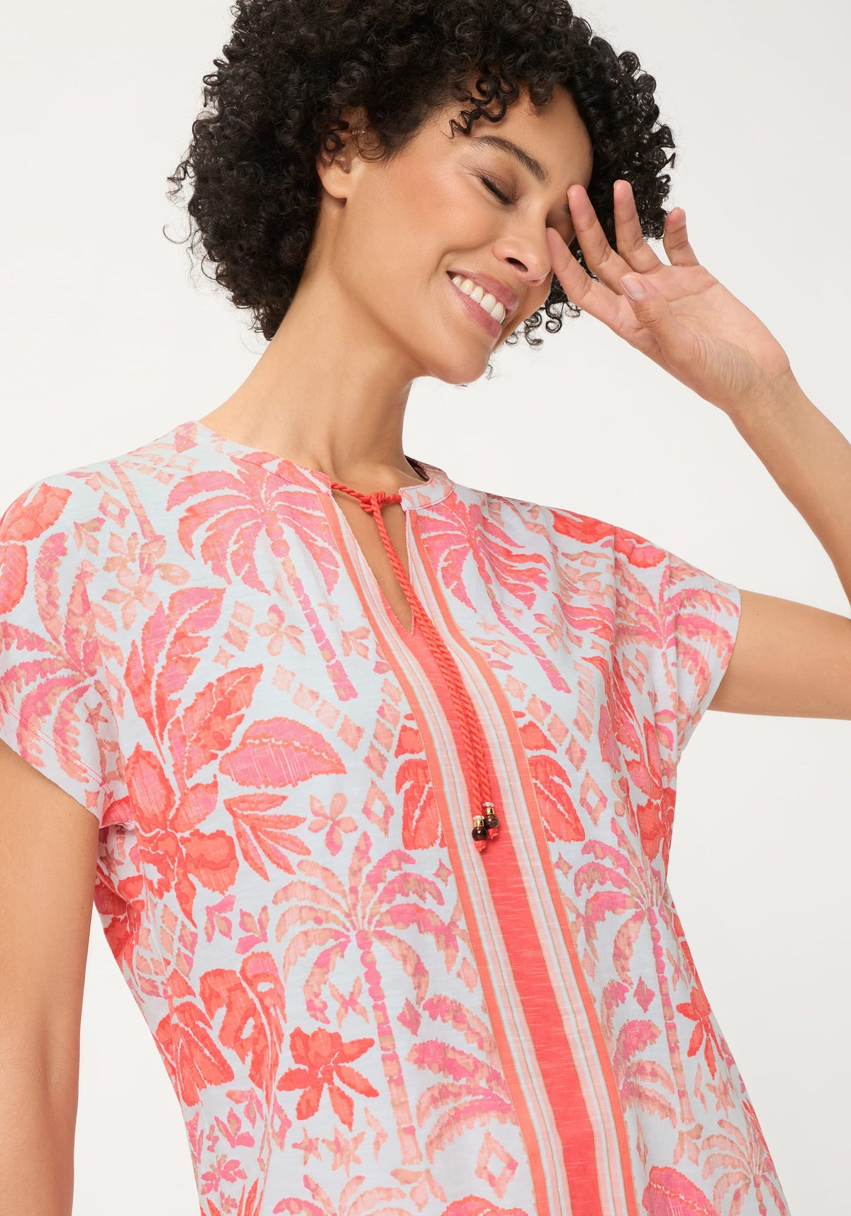 Ornamental Botanic Print Split Neck T-Shirt