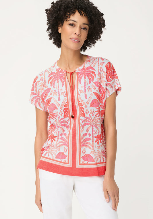 Ornamental Botanic Print Split Neck T-Shirt