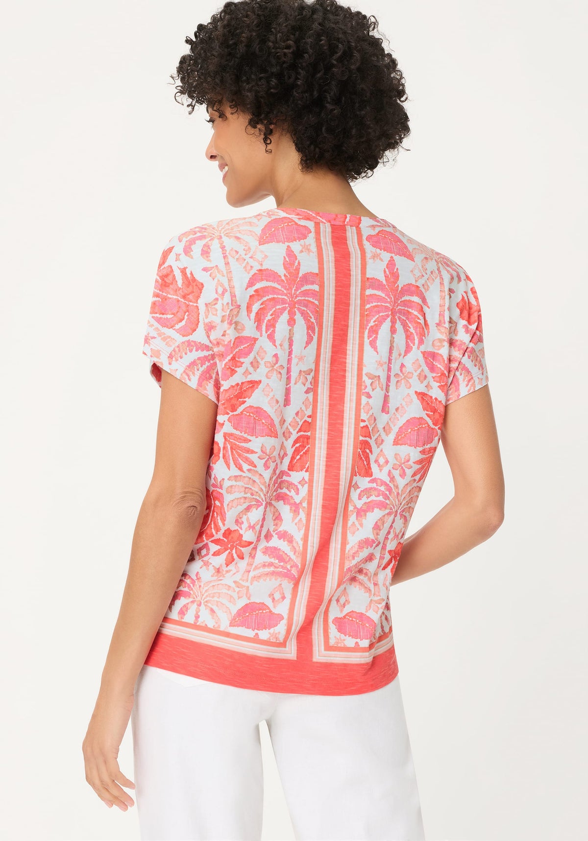 Ornamental Botanic Print Split Neck T-Shirt
