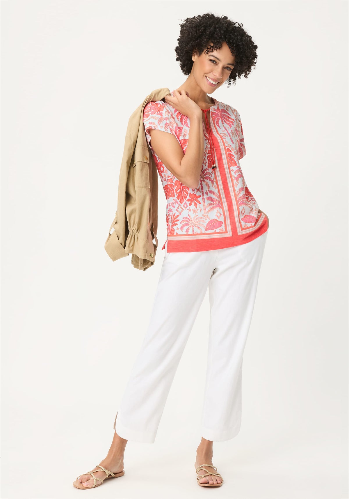 Ornamental Botanic Print Split Neck T-Shirt