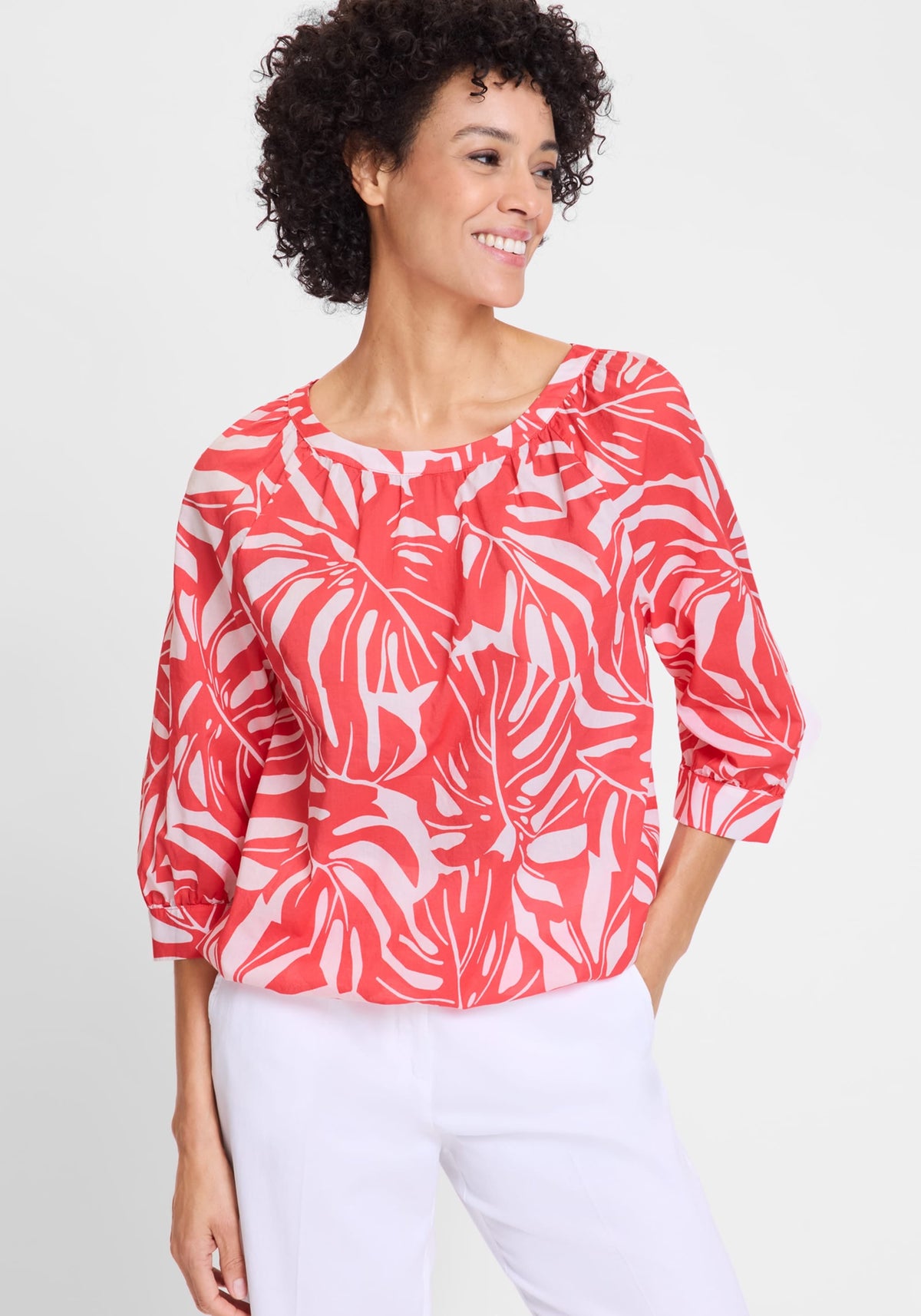 Boat Neck Palm Statement Blouse