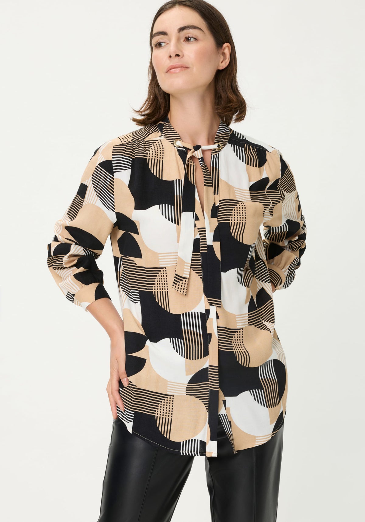 Geo Mixed Tie-Neck Blouse
