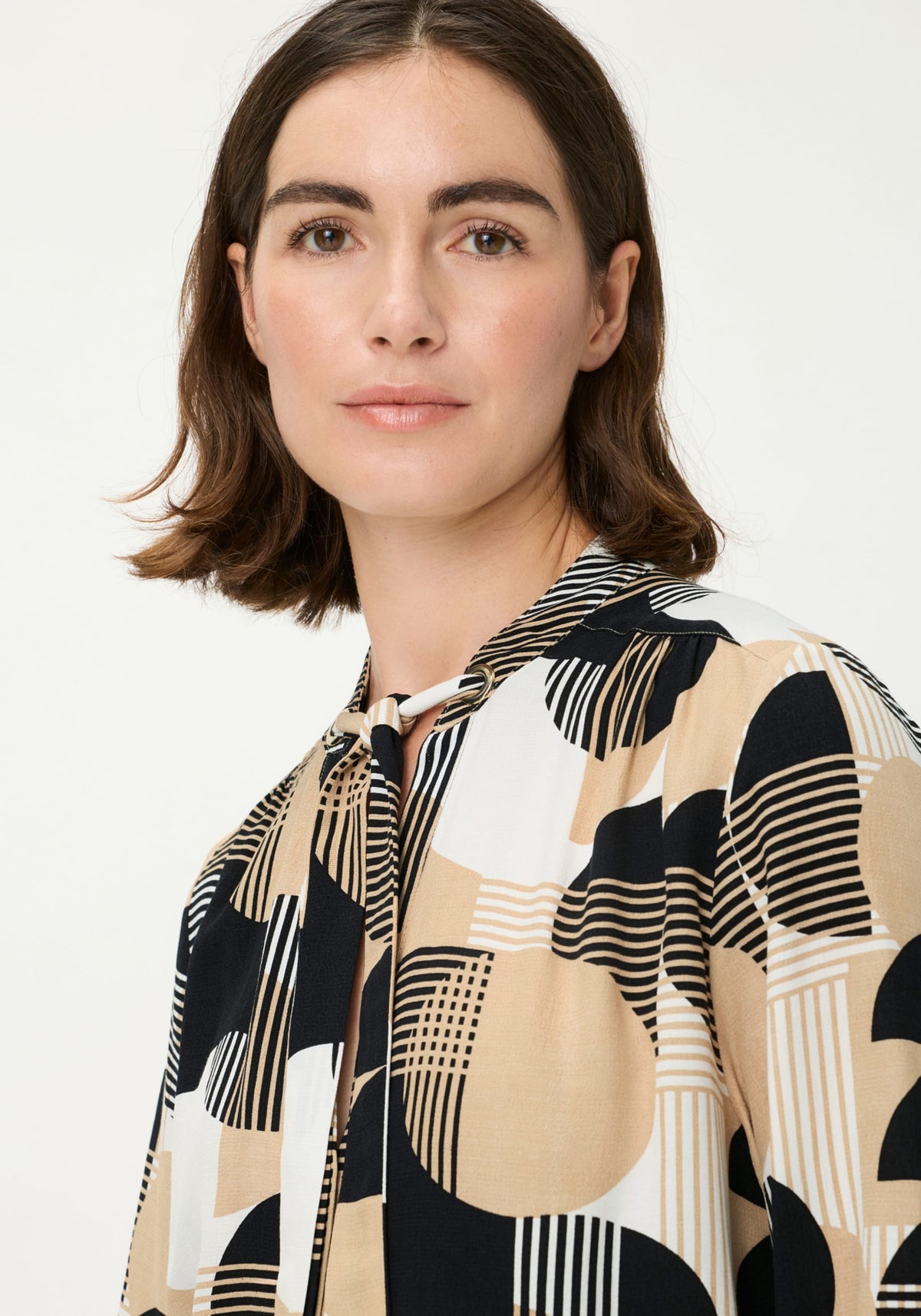 Geo Mixed Tie-Neck Blouse