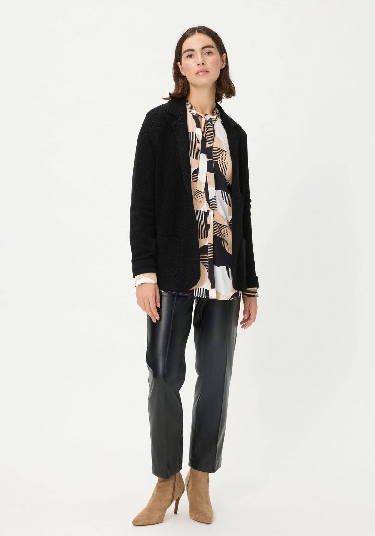 Geo Mixed Tie-Neck Blouse