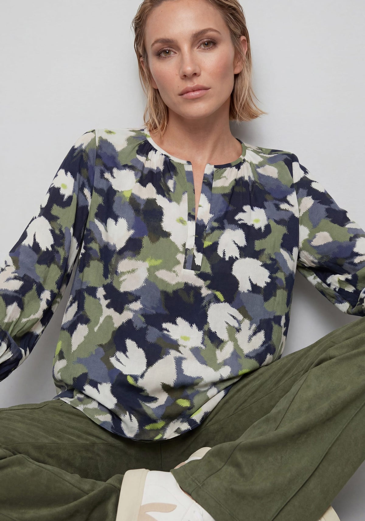 Split Neck Leaf Camo Blouse
