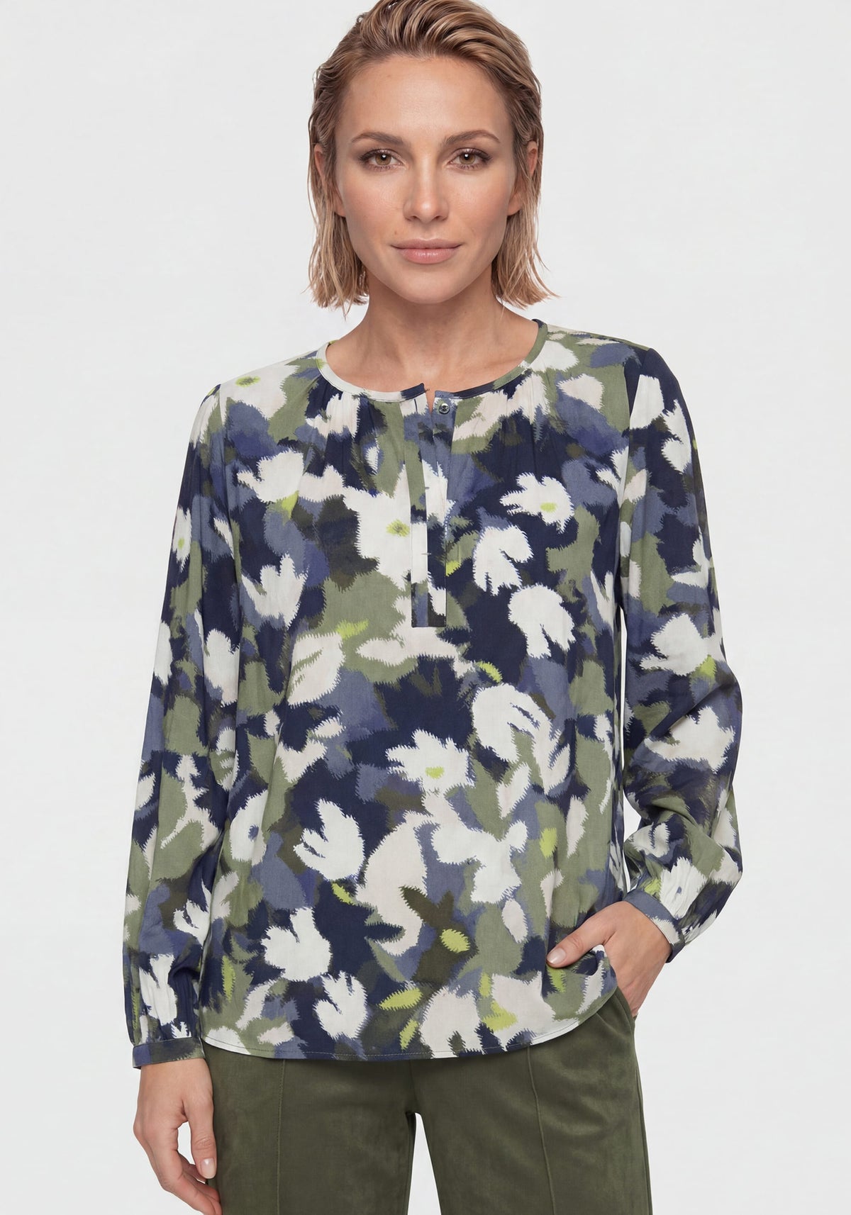 Split Neck Leaf Camo Blouse