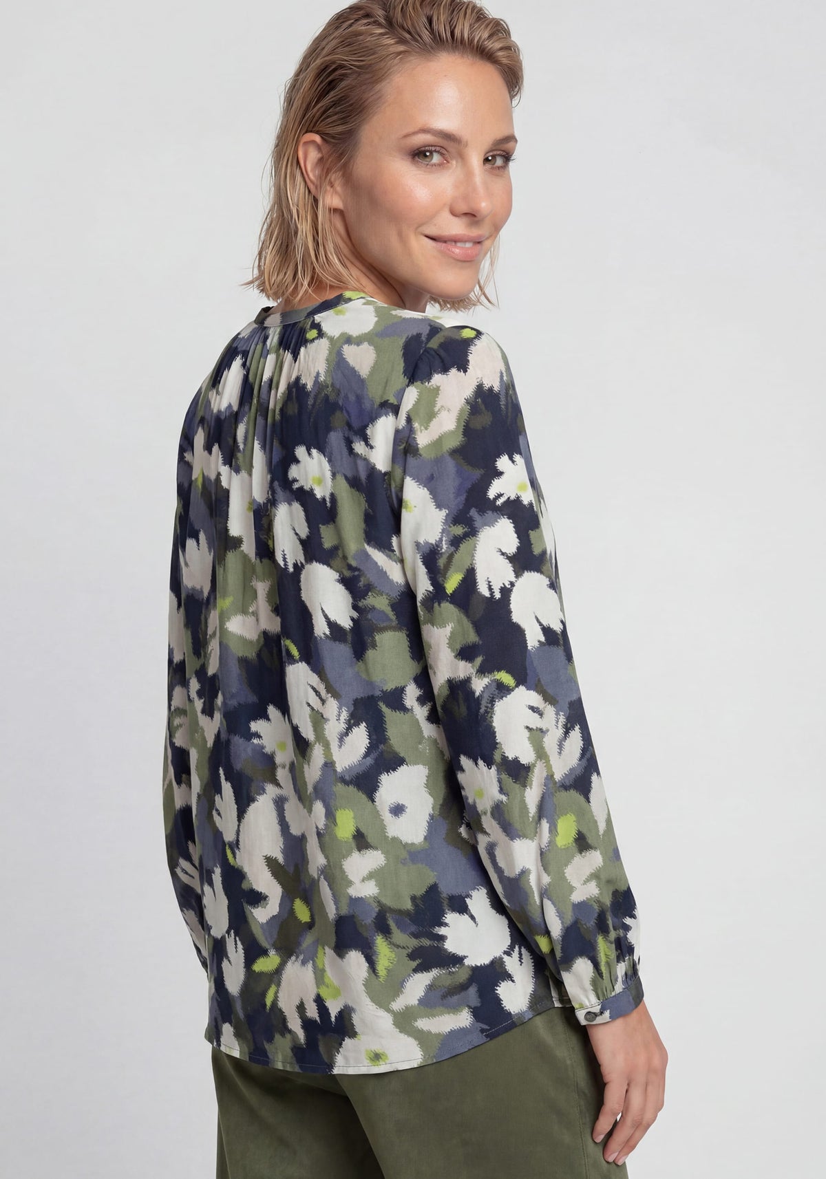 Split Neck Leaf Camo Blouse