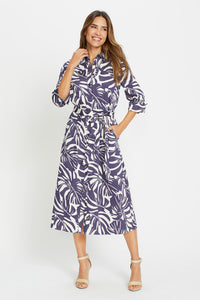 Palm Print A-Line Midi Shirt Dress