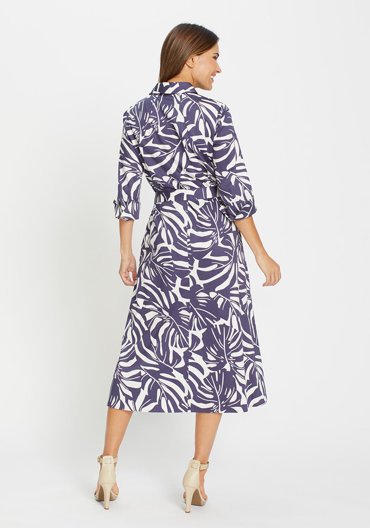 Palm Print A-Line Midi Shirt Dress