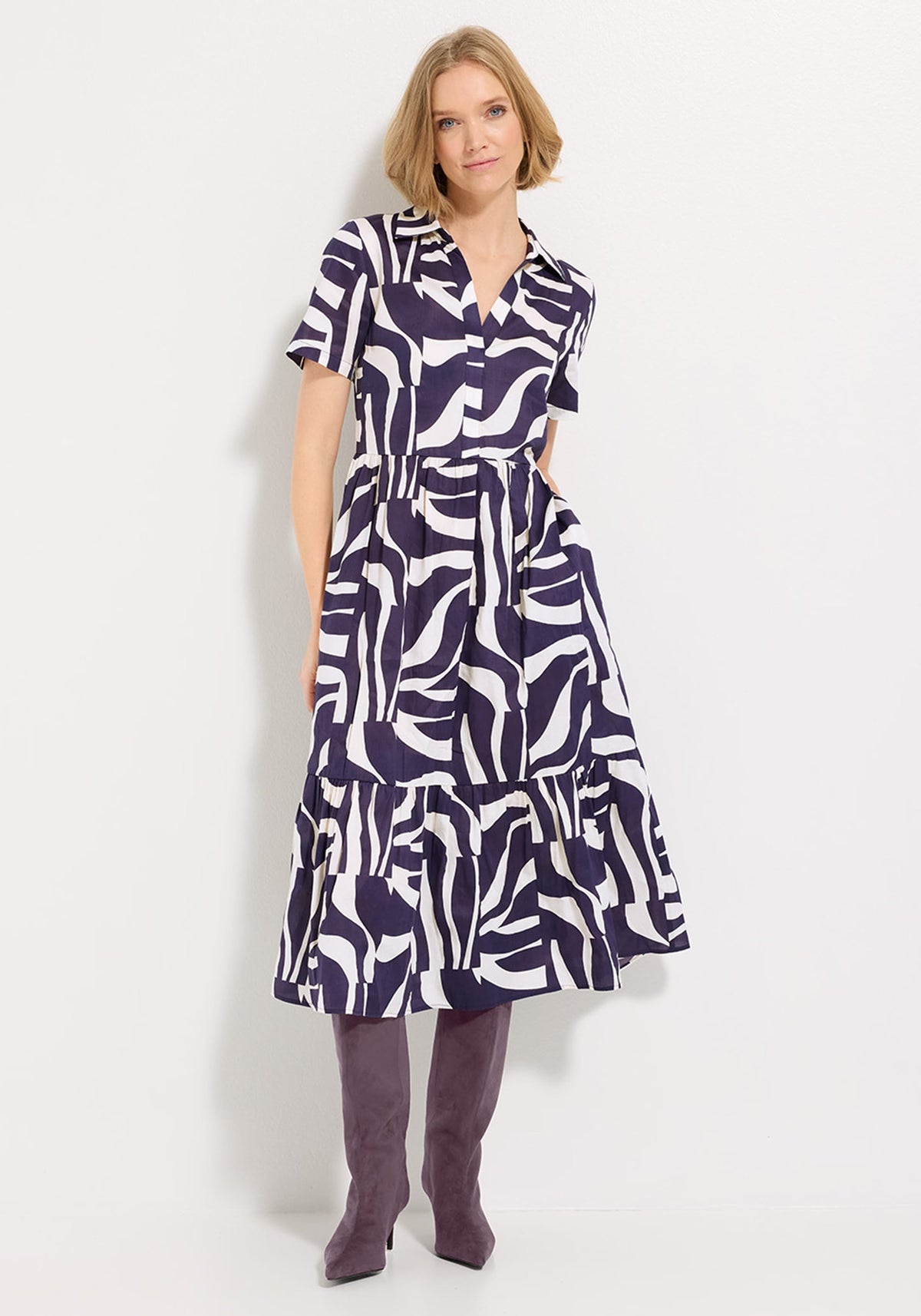 Zebra Splice Tiered Dress with Collar