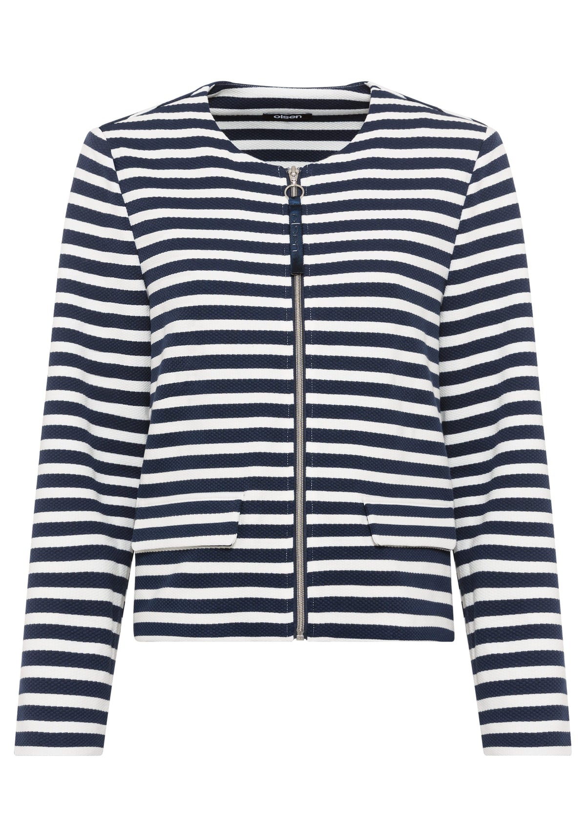Striped Collarless Zip Front Jacket