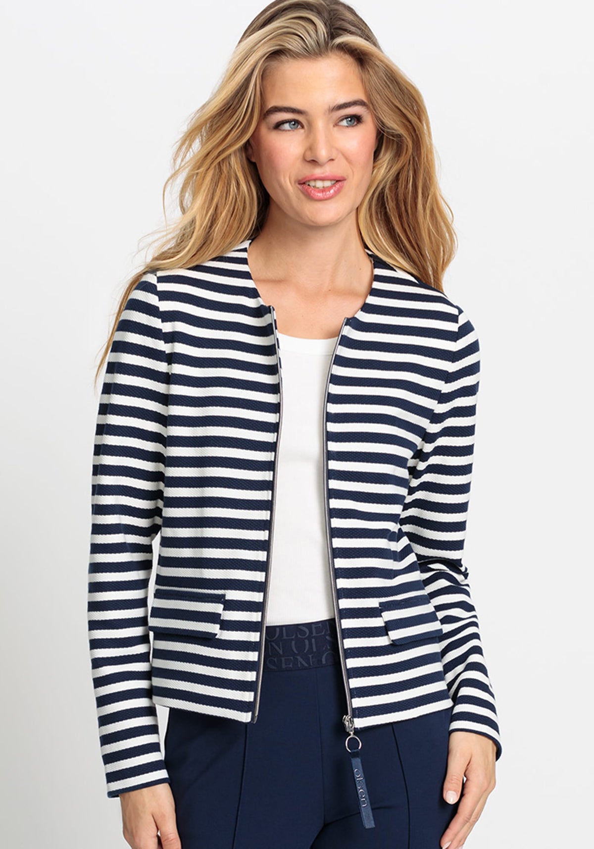 Striped Collarless Zip Front Jacket