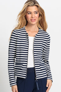 Striped Collarless Zip Front Jacket