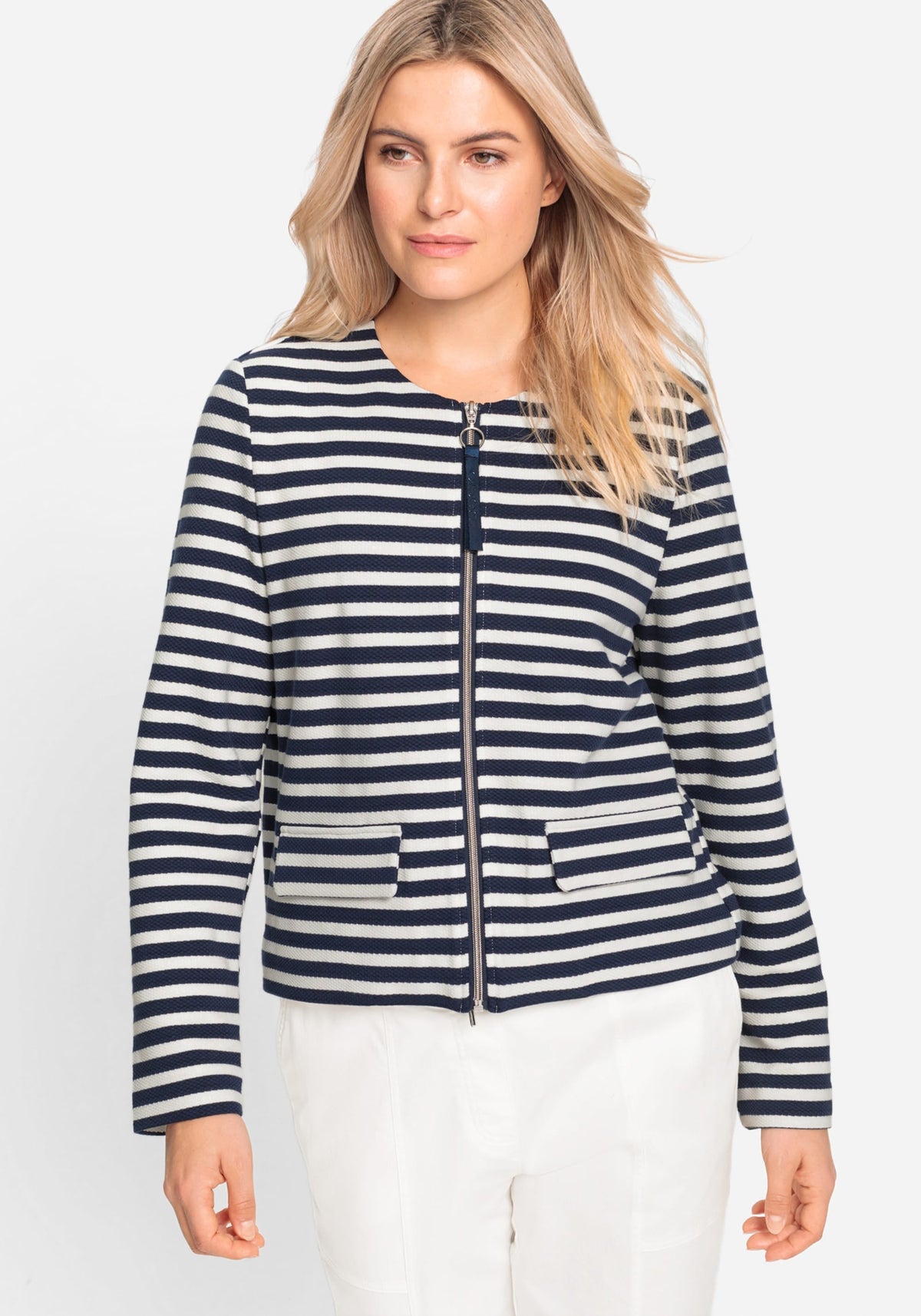 Striped Collarless Zip Front Jacket