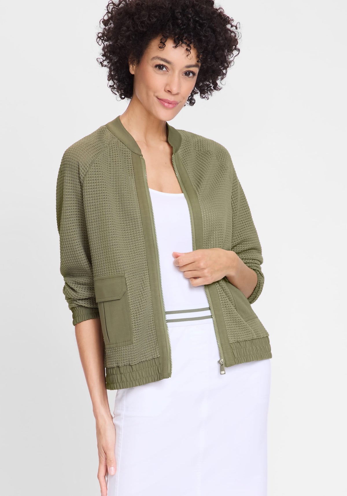 Mixed Media Zip Front Bomber Jacket