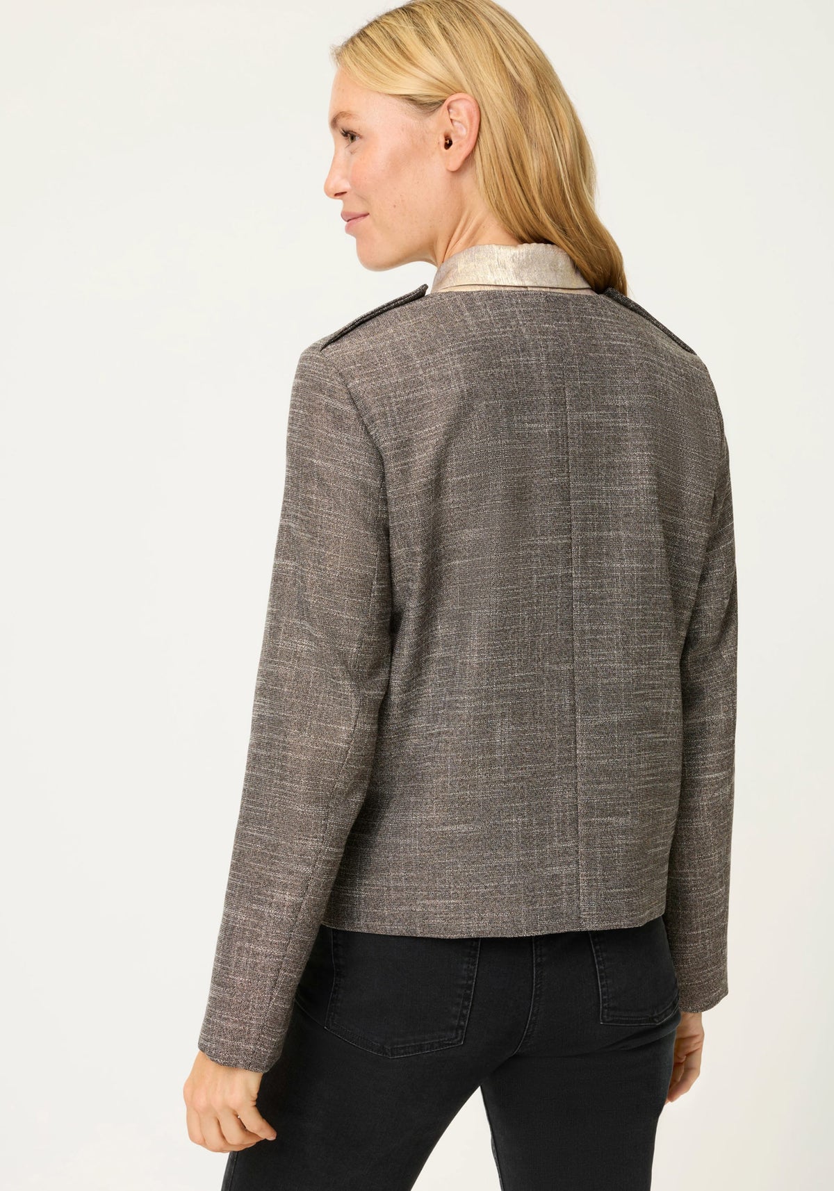 Veste pailletée sans col avec boutons dorés