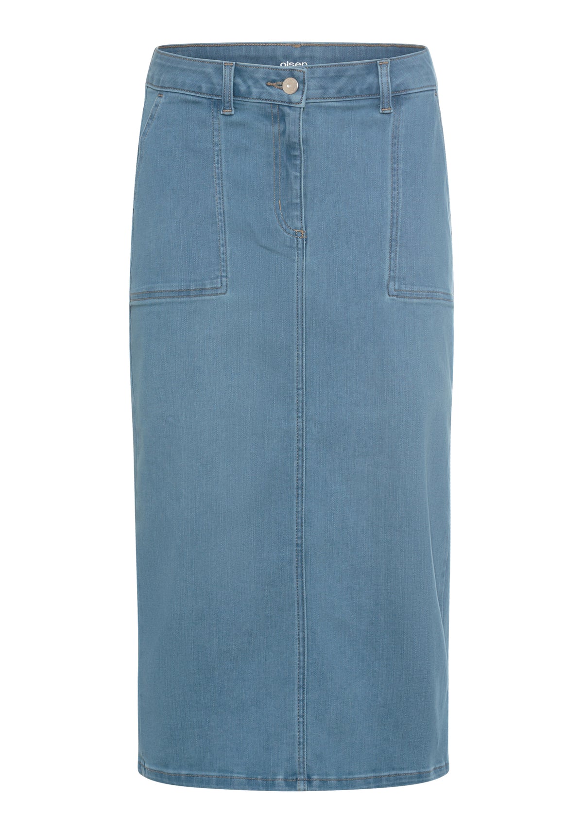 Light Wash Power Stretch Midi Jean Skirt