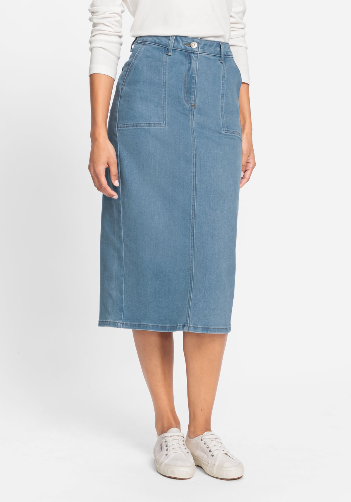 Light Wash Power Stretch Midi Jean Skirt