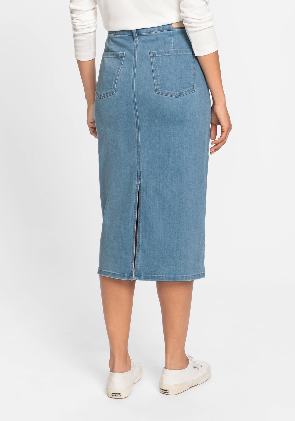 Light Wash Power Stretch Midi Jean Skirt